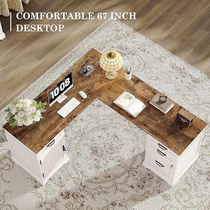 Alohappy 67'' L Shaped Desk with Drawers, Farmhouse Corner Computer Desk with File Storage and Charging Station for Home Office, White