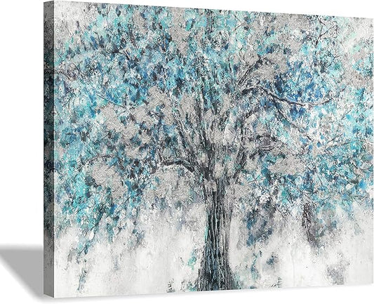 Hardy Gallery Abstract Tree Canvas Wall Art: Blue Painting Graphic Art Picture Print on Canvas Small Size without Embellishment for Dining Room (12"x16"x 1 Panel)