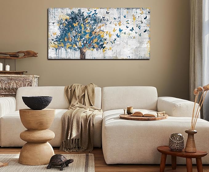 Kepgonegu Large Canvas Wall Art Blue Tree Golden Butterflies Picture Abstract Grey Graffiti Canvas Prints Ready to Hang for Living Room Bedroom Size 30x60