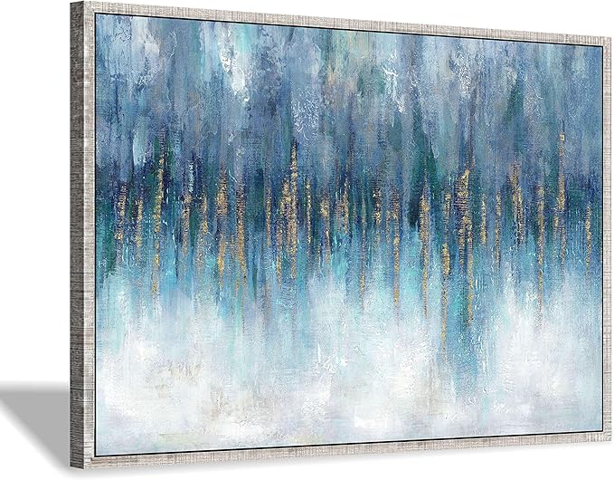 Blue Abstract Art Canvas Painting: Hand Painted Heavy Textured Gold Foils Champagne Wall Art Framed for Walls (45'' x 30'' x 1 Panel)