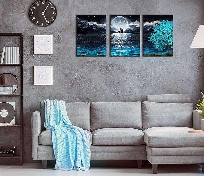 Moon Wall-Art - Teal Ocean Modern Decor Wall Decor For Living Room - Wall Art For Bedroom On Canvas Framed Size 12x16 Inches x3 Pieces