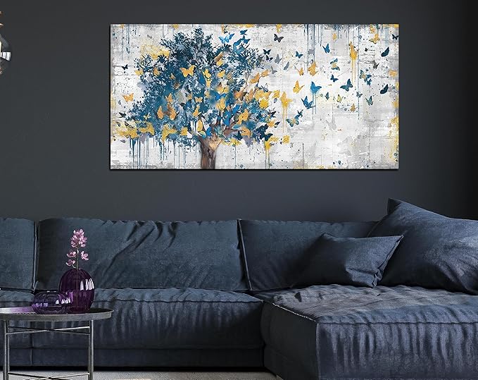 Kepgonegu Large Canvas Wall Art Blue Tree Golden Butterflies Picture Abstract Grey Graffiti Canvas Prints Ready to Hang for Living Room Bedroom Size 24x48