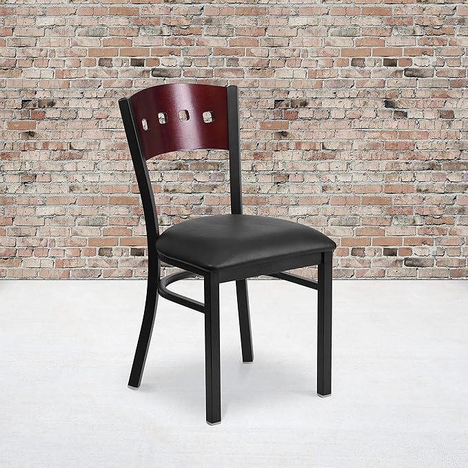 Flash Furniture HERCULES Series Black 4 Square Back Metal Restaurant Chair - Mahogany Wood Back, Black Vinyl Seat