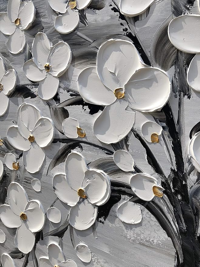 Yihui Arts Hand-Painted Textured White Blossom Tree Art on Canvas, Grey & Black Toned Floral Painting for Modern Home Decor, Unique Thick Textured Petals Wall Art
