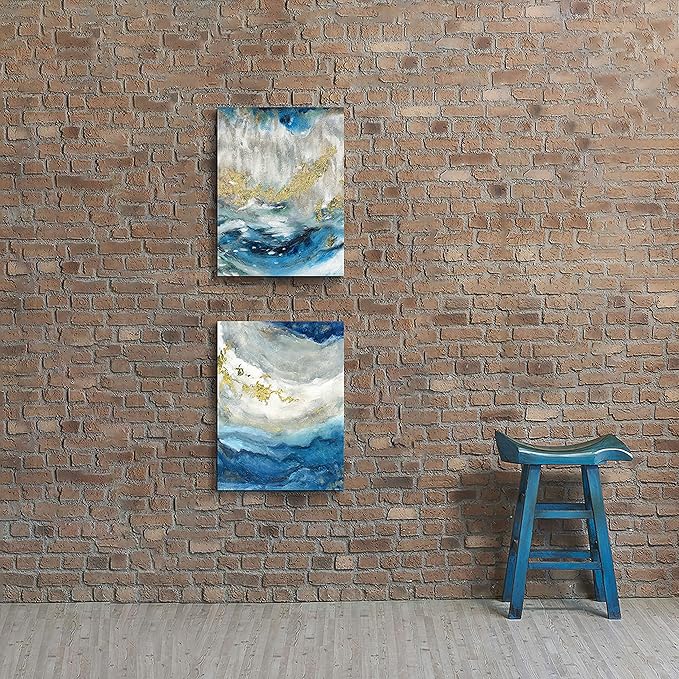 Hardy Gallery Blue Abstract Canvas Wall Art: Beige Print Picture Artwork for Bathroom without hand painted gold foils for Small Size(16'' x 12'' x 2 Panels)