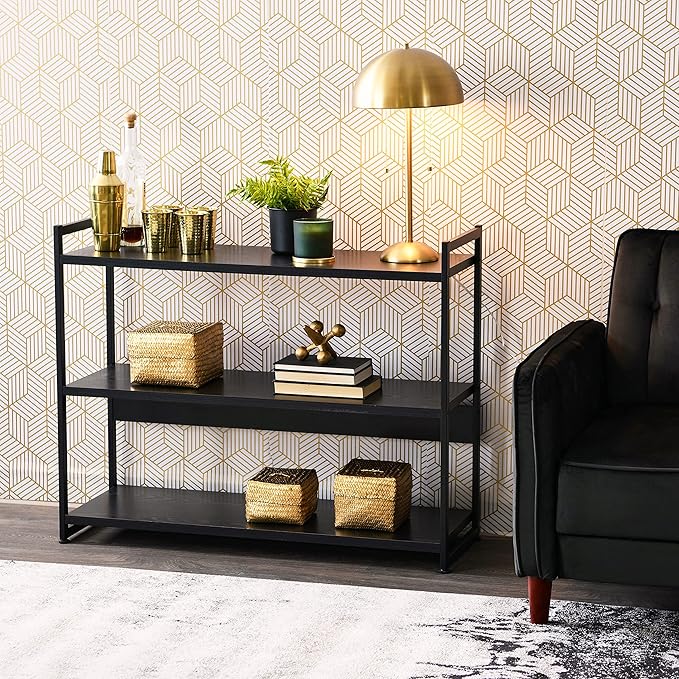 Household Essentials Jamestown Wide 3 Shelf Open Storage Bookshelf Black Oak Wood Grain and Black Metal