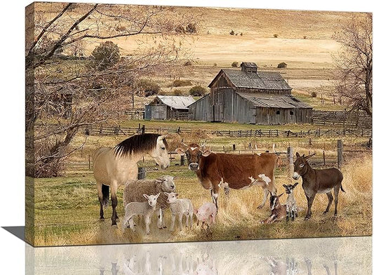 yerretin Farm Animal Wall Art Country Old Barn Pictures Wall Decor Rustic Canvas Print Farmhouse Landscape Painting Modern Home Artwork for Living Room Bedroom Bathroom Office Framed, 24"x16"