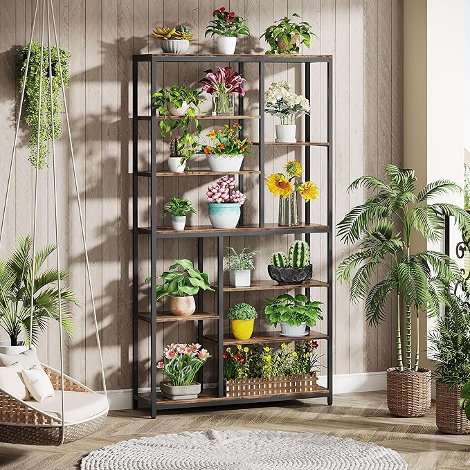 Tribesigns 79-Inch Tall Staggered Bookshelf, Industrial Bookcase with 8 Open Shelves, Wood and Metal Etagere Display Shelf for Living Room, Home and Office
