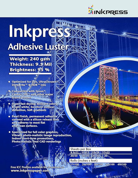 INKPRESS MEDIA Adhesive Luster 190 GSM, 8 Mil, 94 Percent Bright Paper (#AL111720)