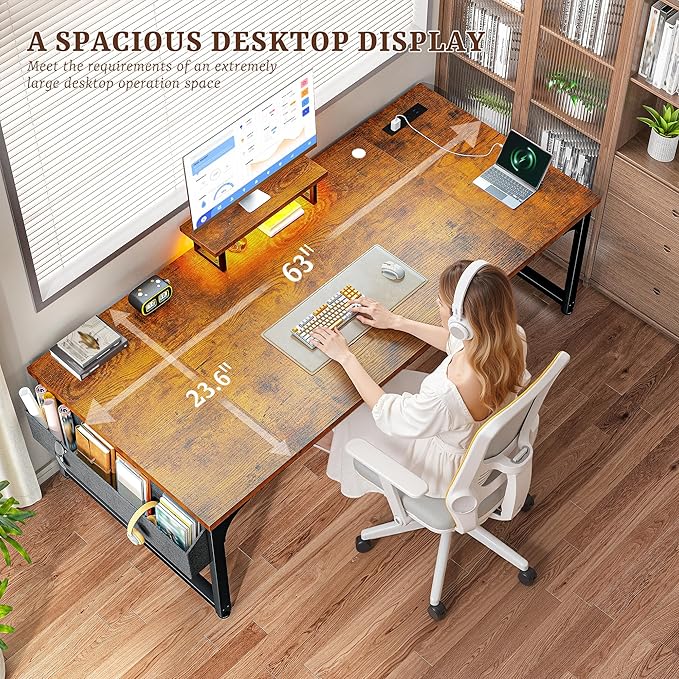 63 Inch Desk with Power Outlets,No Wobble Computer Desk with 0.95 Inch Thicker Desktop & Storage Bag & Monitor Stand, Office Desk with Light, Writing Desk for Home,Study,Bedroom,Living,Brown