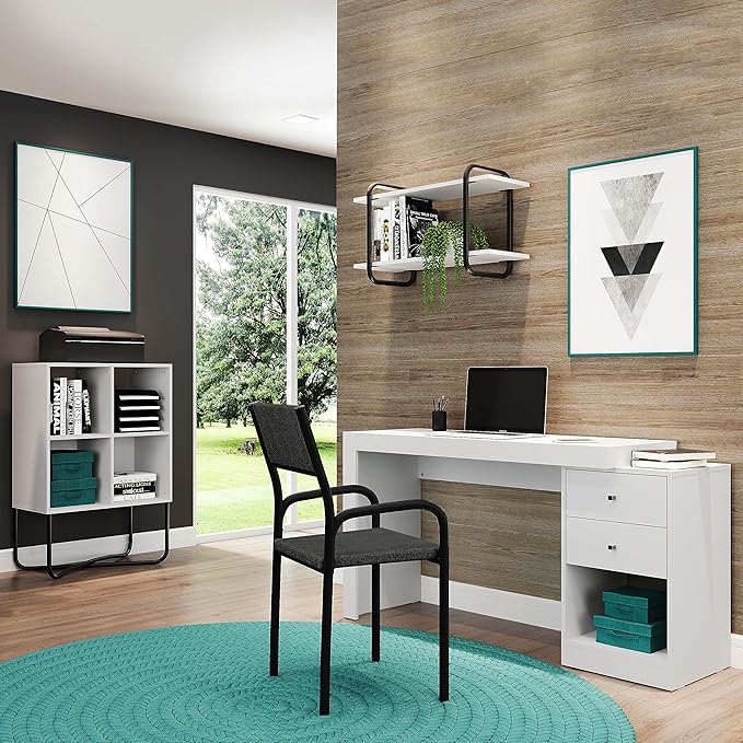 Expandable Desk with Storage Drawers & Open Shelf - Expands from 47 Inch to 57 Inch - White Computer Desk with Printer Space - Modern Home Office Table with Drawers - Techni Mobili Blanco Collection