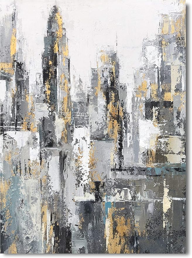 Yihui Arts Modern Abstract Chicago City Canvas Wall Art Painting with Gold Foil Hand Painted Skyline Pictures for Bedroom Decoration