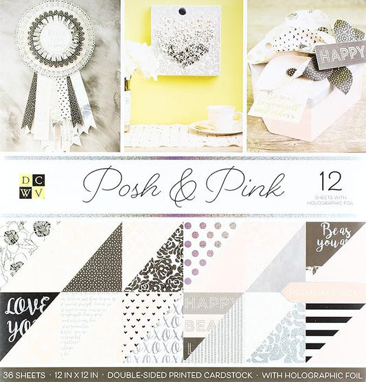 DCWV Printed Cardstock Paper 12x12, 36 Sheets of Scrapbook Paper for Crafts and Card Making, Double Sided Heavy Duty Cardstock with Foil Accents - Posh & Pink