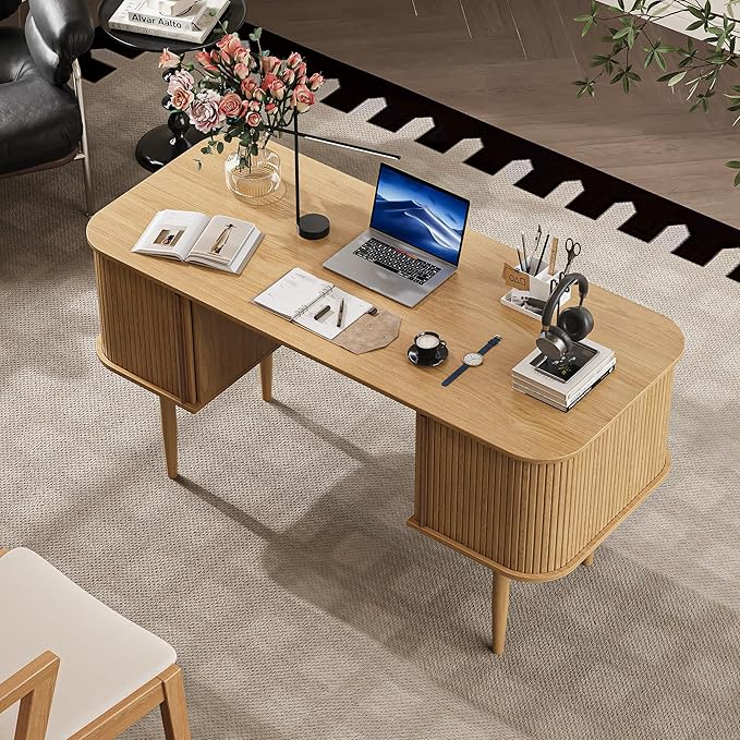 55" Modern Writing Desk with Storage, Wood Home Office Desk with Sliding Doors, Computer Desk for Home Office, Dorm, Living Room, Home Study Table, Natural