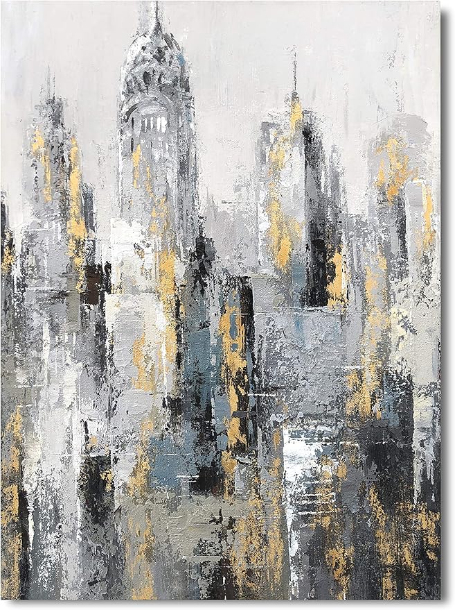 Yihui Arts Modern Abstract Cityscape Canvas Wall Art Painting with Gold Foil for Bedroom Decoration