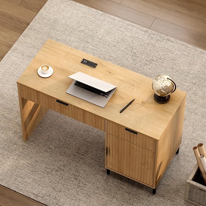 47" Executive Desk with Fluted Drawers, Wooden Home Office Desk with Storage Cabinet, Charging Station, Metal Legs Modern Farmhouse Computer Desk for Work, Study Natural Oak