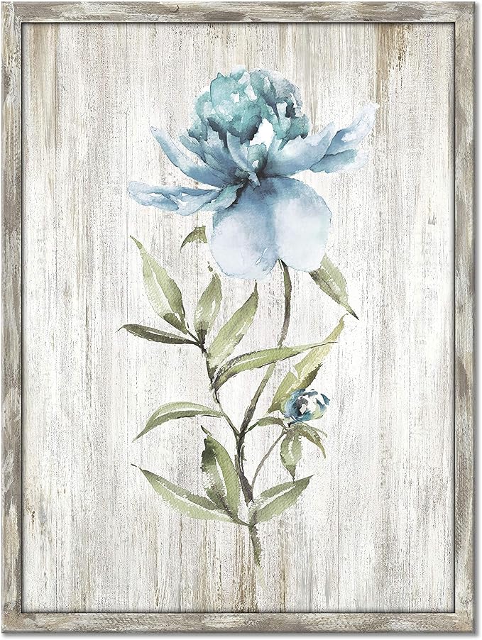 UTOP-art Wood Flower Wall Art Prints Blossom Floral Wall Decor Blue Picture on Rustic Wooden Textured Artwork Painting for Bedroom Small Panel office artwork wall decor