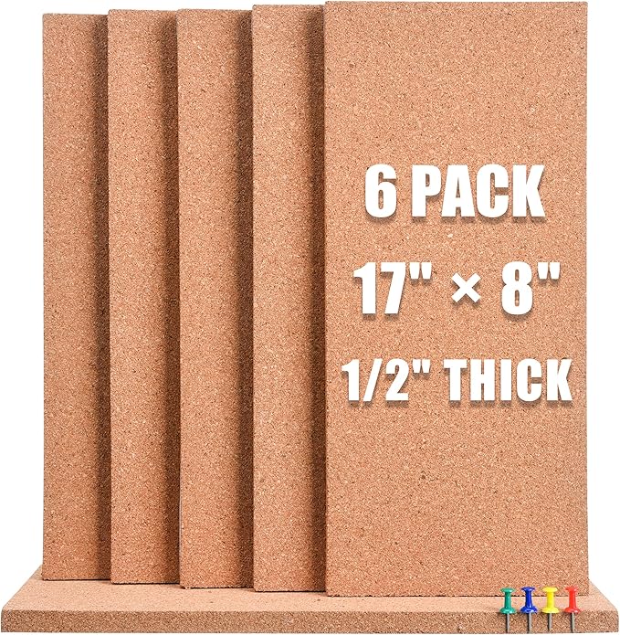 SUNGIFT Cork Bulletin Board 1/2" Thick Cork Boards 6 Pack Frameless Cork Tiles, 17 x 8 Inch, Self-Adhesive Corkboards Wall Decor with 50 PCS Pushpins for Office, School and Home