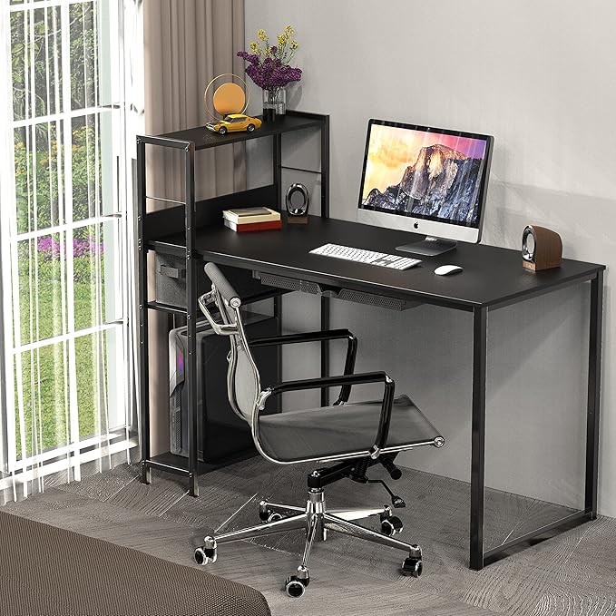 SHW 46-Inch Home Office Mission Computer Desk with Side Shelf and Drawer, Black
