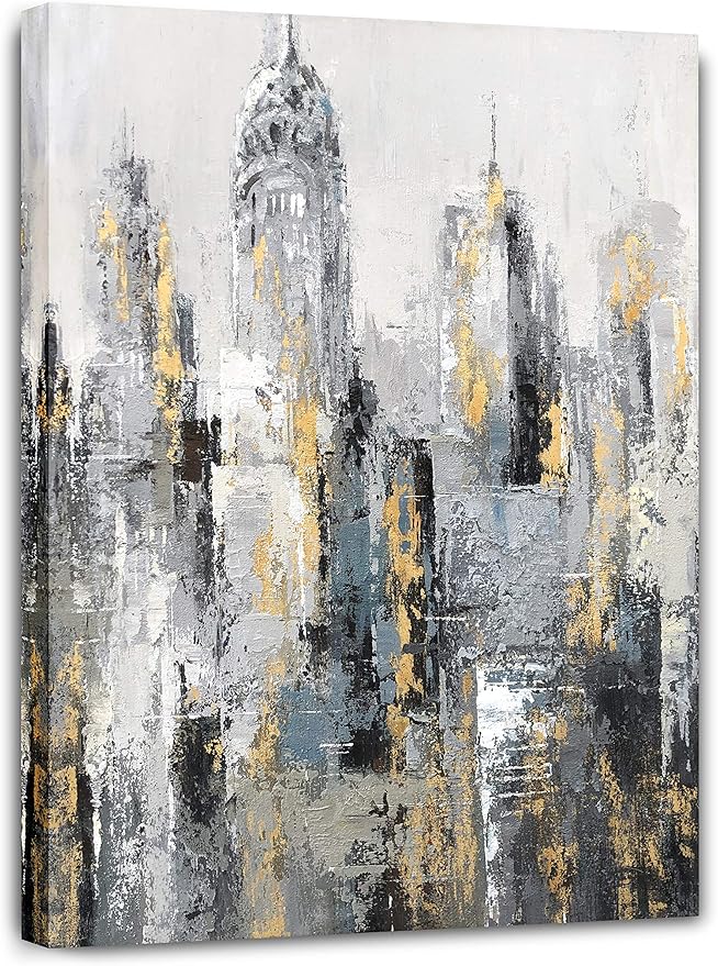 Yihui Arts Modern Abstract Cityscape Canvas Wall Art Painting with Gold Foil for Bedroom Decoration