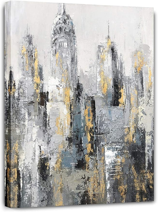 Yihui Arts Modern Large Abstract Cityscape Canvas Wall Art Painting with Gold Foil for Living Room Decoration