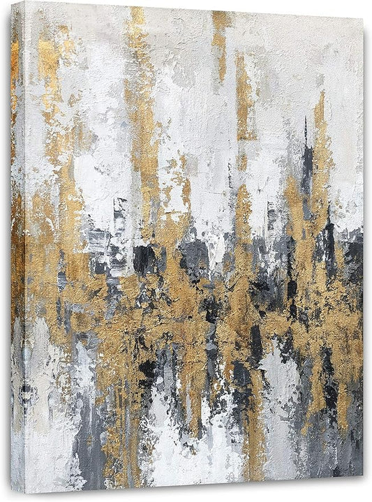 Yihui Arts Modern Abstract Skyline Canvas Wall Artwork With Gold Foil Modern Oil Painting Pictures with Framed for Living Room Bedroom Bathroom Decoration